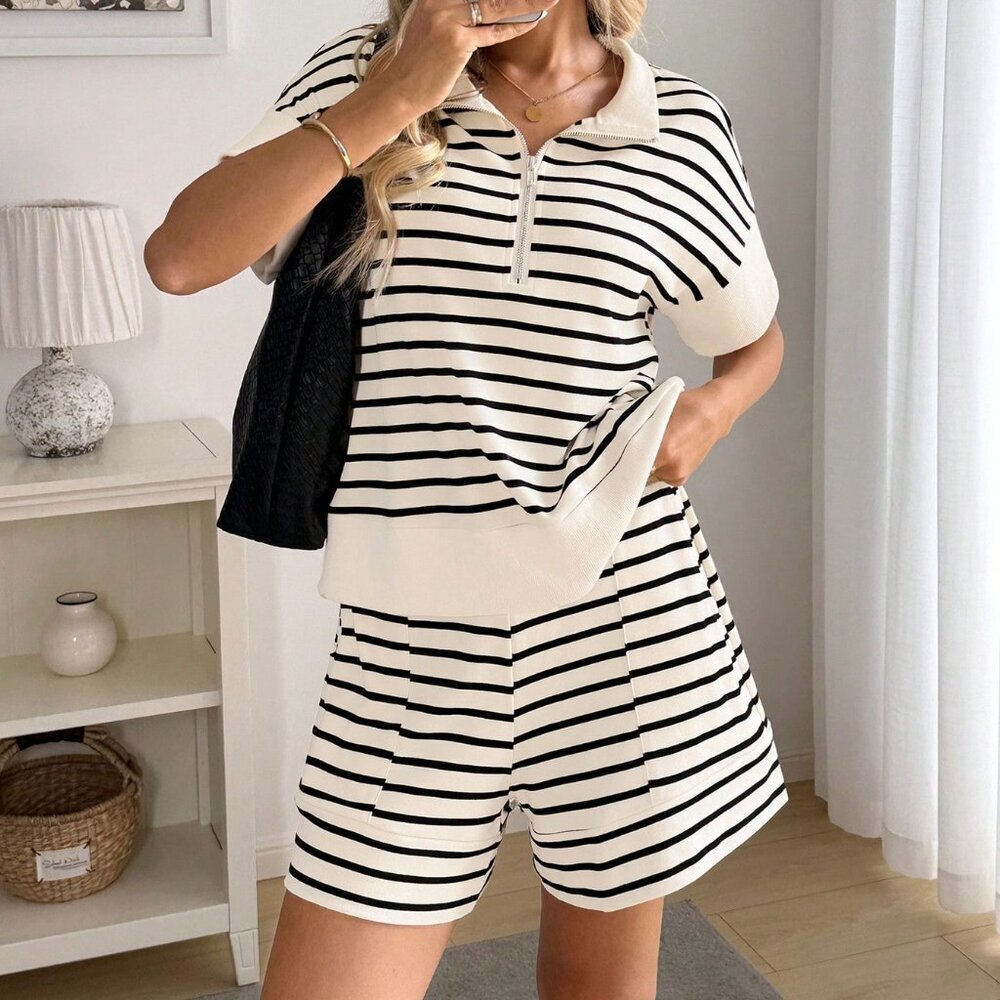 Multicolor Casual Women's Zip-Up Polo Collar Top and Shorts Outfit - Picture 6 of 8